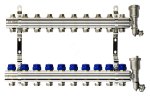 Комплект коллекторов FHF-10R set с кронштейнами, 10 контуров, никилированная латунь, с клапанами и клапанными вставками, воздухоотводчиками