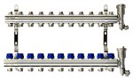 Комплект коллекторов FHF-11R set с кронштейнами, 11 контуров, никилированная латунь, с клапанами и клапанными вставками, воздухоотводчиками