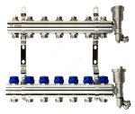 Комплект коллекторов FHF-7R set с кронштейнами, 7 контуров, никилированная латунь, с клапанами и клапанными вставками, воздухоотводчиками