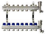 Комплект коллекторов FHF-8R set с кронштейнами, 8 контуров, никилированная латунь, с клапанами и клапанными вставками, воздухоотводчиками
